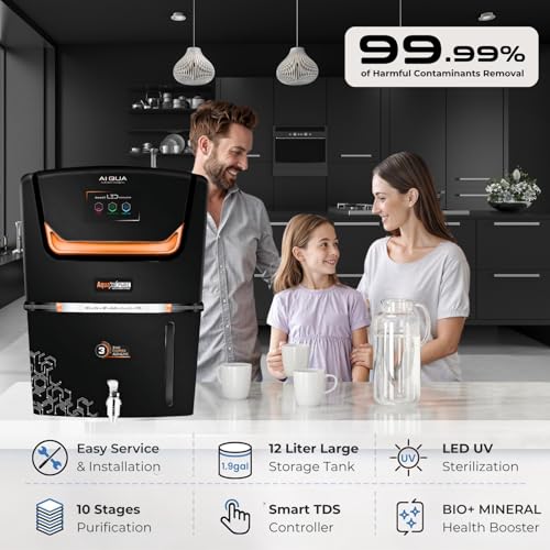 Image of Aqua X Pure Ai Black Premium RO Domestic Water Purifier | 5in1 Health Booster | RO+ UV+ UF+ MinLx+ High TDS Membrane+ TDS | Smart LED Indicator | Engineered for all Water Supply (0-3000ppm)
