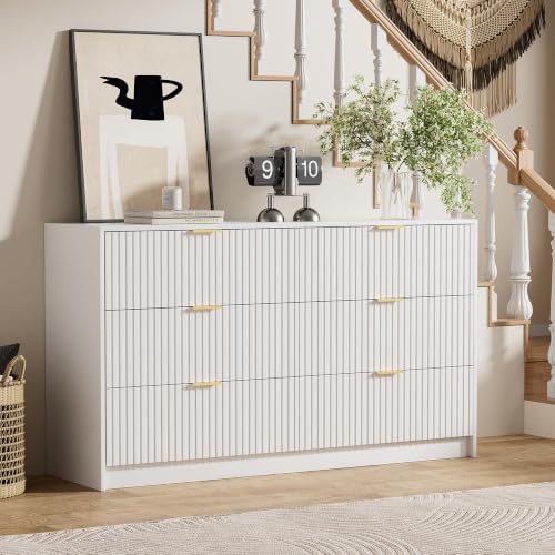 Image of Furniway White Dresser for Bedroom, Modern Dresser with 6 Drawers and Smooth Slides, Wide Chest of Drawers with Golden Handles for Bedroom, Living Room, Closet, 15.7 inch D x 55.1 inch W x 31.4 inch H