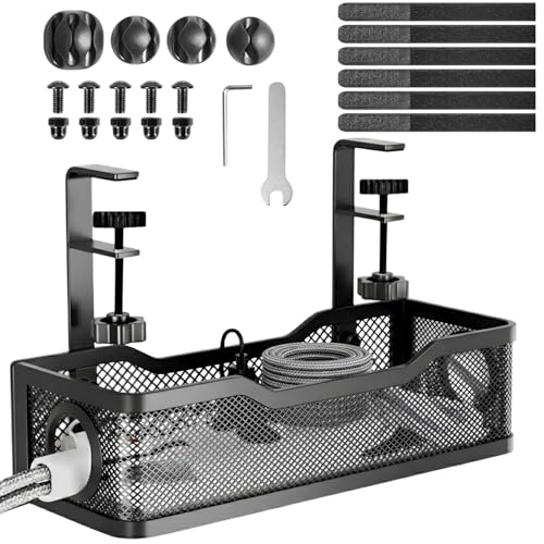 Image of Under Desk Cable Management Tray | Metal Mesh Cable Organizer with Clamp Mount | No Drill Wire Holder for Power Strip, Cord & Extension Board | Adjustable Desk Tray for Home & Office-Black