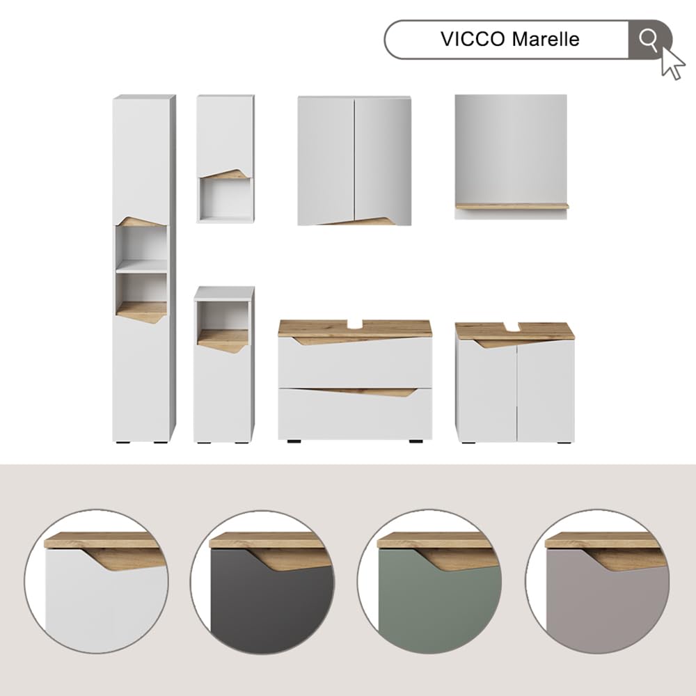 Vicco Badmöbel-Set Marelle, Weiß, 80 cm, besteht aus Waschbeckenunterschrank, Spiegelschrank und Hochschrank
