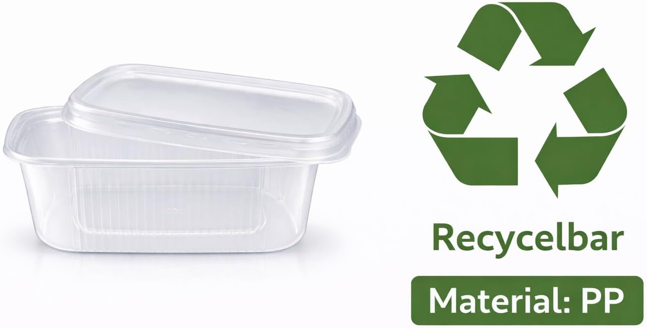 1,000 Deli Cups with Lids 500 ml - PP Rectangular Cups Stackable & Microwave Safe - Salad Cups / Packaging Cups