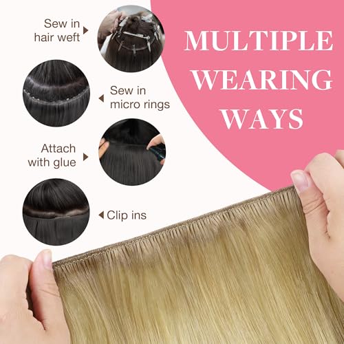 Image of GOO GOO Sew in Hair Extensions Real Human Hair, Weft Hair Extensions Human Hair, 18A /60 Blonde Balayage 22inch 110g, Weft Bundles Straight Silky Remy Hair
