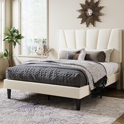 Image of Allewie Full Size Velvet Platform Bed Frame with Adjustable Headboard Cream | Height-Adjustable Velvet Headboard, Rivet-Style Nailhead Trim, Wooden Slat Support, No Box Spring Needed, Easy Assembly