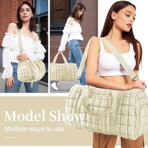 Image of Quilted Travel Duffle Bag Gym Bag for Women,Large Puffer Duffle Weekender Bag with Compartment,Workout Overnight Carry on Organizer Bag Duffle Bag for Airplane Travel(Off-white)