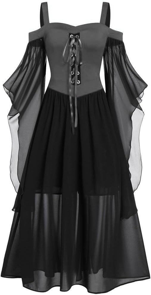 Generic Renaissance Costume Women Cold Shoulder Medieval Dress Chiffon Vintage Dress Plus Size Halloween Dresses Corset Dress Dark Gray, 4X-Large