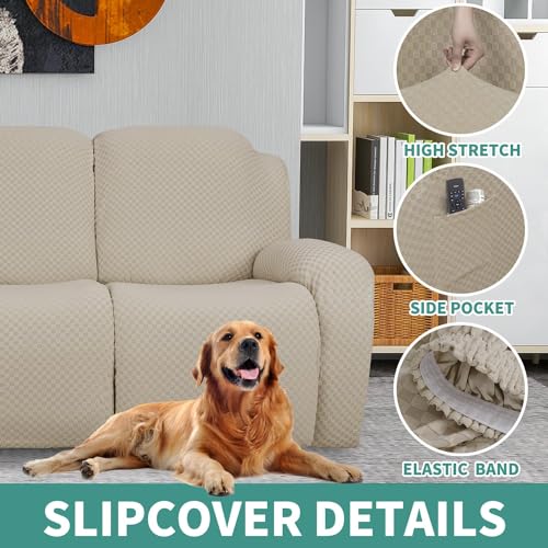 Image of YEMYHOM 4 Pieces Oversized Stretch Recliner Slipcover Jacquard Large Recliner Chair Cover with Side Pocket Anti-Slip Fitted Furniture Protector with Elastic Bottom (X-Large Recliner, Khaki)