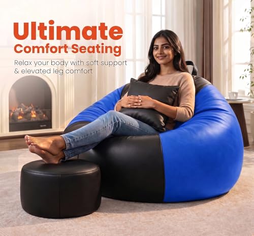 Image of Sattva Dual Color 6XL Sofa Style Bean Bag Chair with Beans Filled | Faux Leather Binbags for Adults | Large Bean Bag with Pocket | Pre-Filled Beans Bag with Beans for Home (Black & Royal Blue)