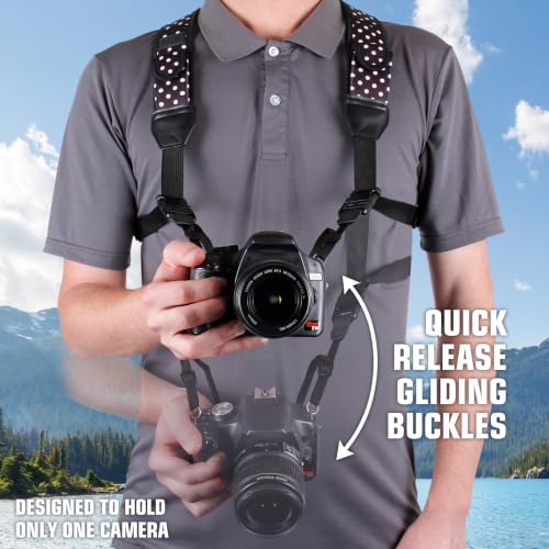 Image of USA Gear DSLR Camera Strap Chest Harness with Quick Release Buckles, Polka Dot Neoprene Pattern and Accessory Pockets - Compatible with Canon, Nikon, Sony Point and Shoot and Mirrorless Cameras