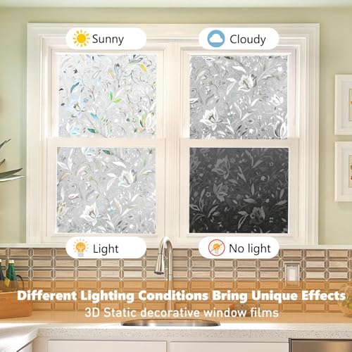 Image of WOOHome Frosted Glass Window Film & Stickers (18 X 24 INCH) Privacy Window Cover for Home & Office - Easy Apply, UV Protection, Decorative Film (Frosted White Flower Film | 1.5 X 2 SQFT)
