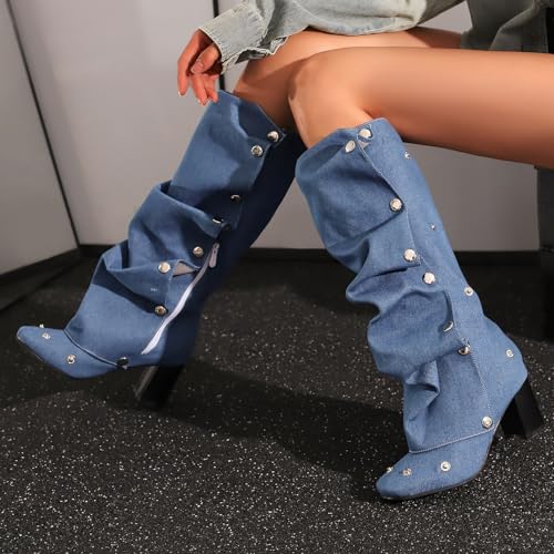 BEAUPAS Women's Button Knee High Boots Denim Riding Boots Slouchy Boots Chunky Heels Fold Over Block Heeled Tall Boots Round Toe Shoes4