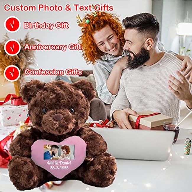 Personalized Teddy Bear with Heart for Customized Text, Custom Teddy Bear Stuffed Animal as Personalized Gifts for Girlfriend/Boyfriend as Birthday Gifts/Valentines Day Gifts (8 in-Pink Heart)