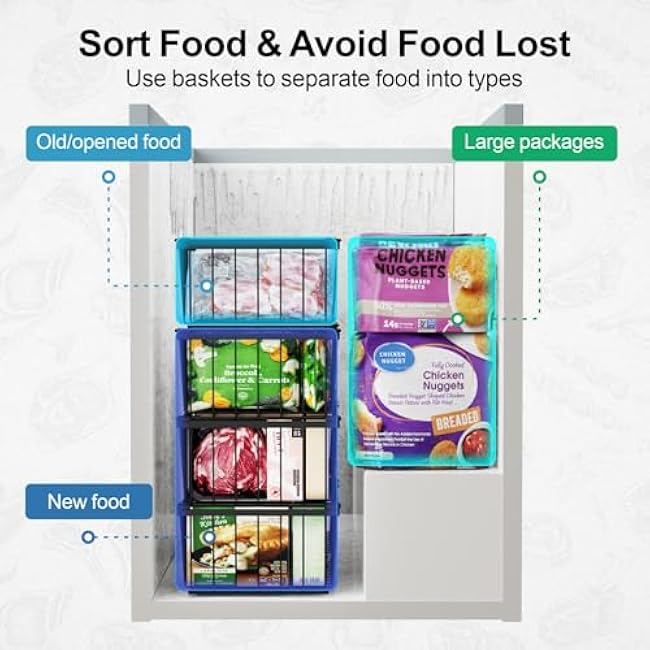 iSPECLE Freezer Organizer Bins - 4 Pack Stackable Deep Freezer Organizer Bins for 5 Cu.Ft Chest Freezer Easy Get Food from Bottom without Digging, Add Space Sort Store More Frozen Food, Black