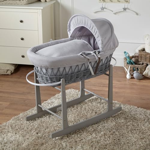 For Your Little One Wicker Moses Basket with Rocking Stand 83 x 49 cm Hand-woven Natural Hypoallergenic Mattress Grey Wicker/Waffle Pattern (Grey)