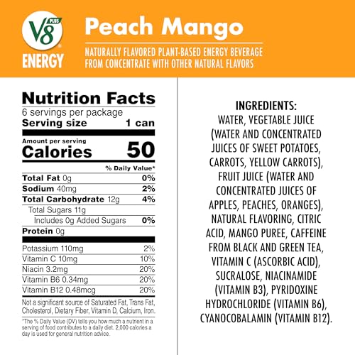 V8 Energy Peach Mango Juice Energy Drink for Active Adults on the Go, Office, Gym, 8 fl oz Can (24 Pack)  
V8 Energy Pea