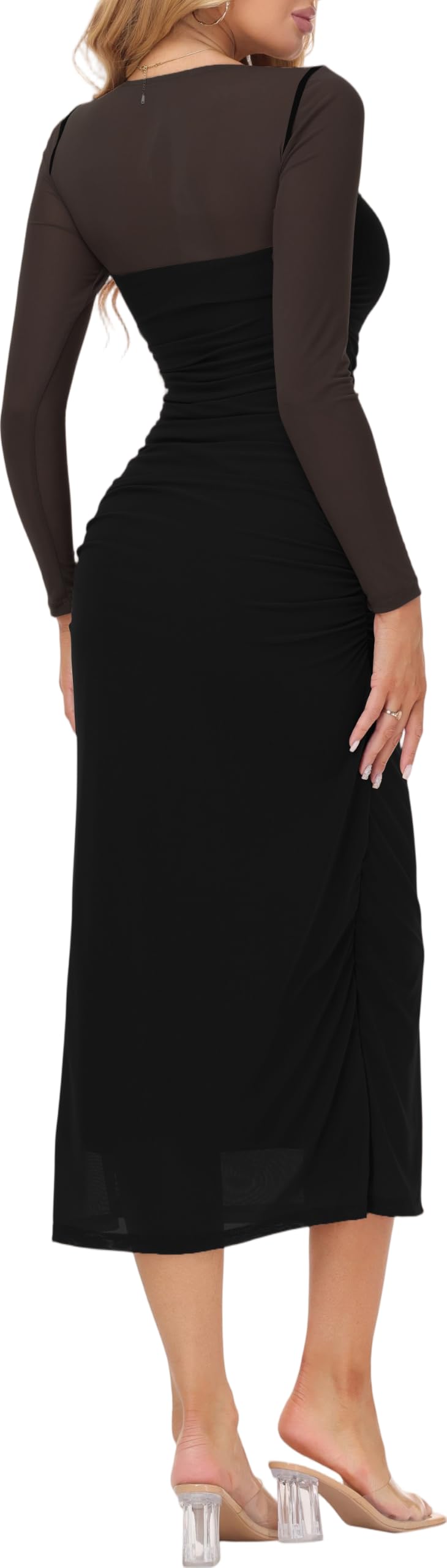 ELFIN Damen Kleider Elegant Mesh Langarm Bodycon Maxi Kleid Partykleid