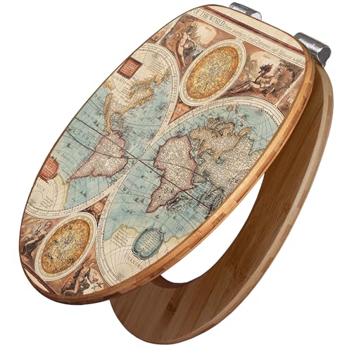 banjado Design WC Sitz Bambus Absenkautomatik 45,8x37,5cm - Toilettendeckel mit Absenkautomatik Holz - hochwertiger Bambus Klodeckel - WC-Sitz für gängigen Toiletten - Motiv Historische Weltkarte