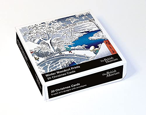 Christmas Theme Boxed Cards - 20 Cards, 4 Designs - Winter Woodblock Prints, blue|white|black, 130mm x 130mm