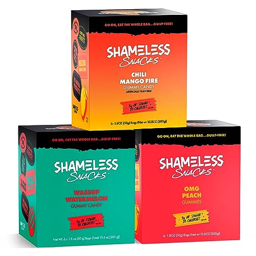 Shameless Snacks – Low Carb Keto Gummies Gluten Free Candy Bundle – Peach, Watermelon, Chili Mango
