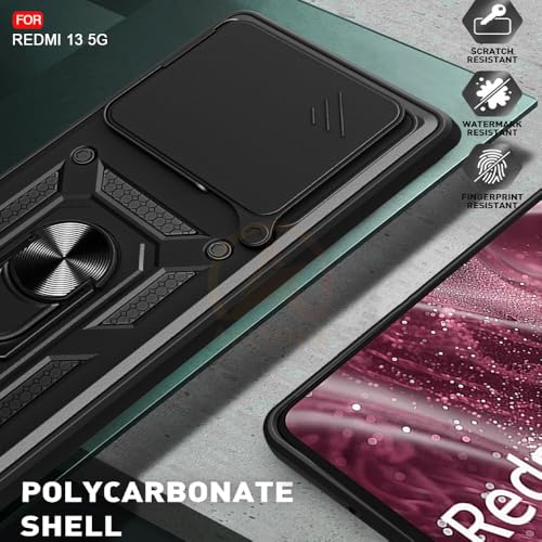 Image of Armor Bumper Back Cover Case for Redmi 13 5G / Poco M6 Plus 5G Rotating Camera Cover, Ring Holder & Kickstand | Heavy Duty & 360 Degree Protection Back Cover (Black)
