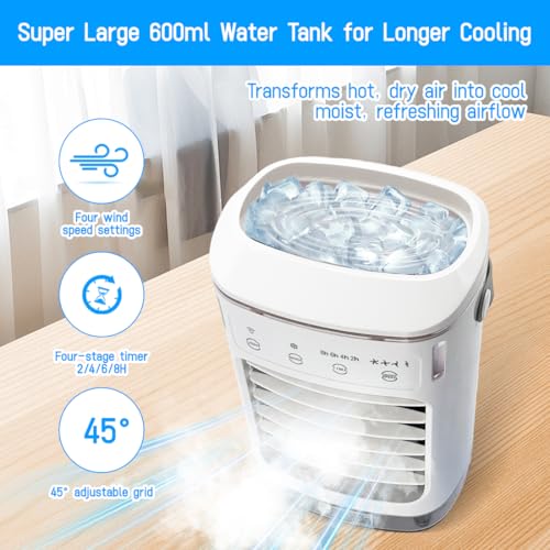 Kompaktes Tischklimagerät mit 700ml Wassertank, USB- Stromversorgung, 7- Farben LED, 4 Windstufen, Kleines Zimmerklimagerät mit 2/ 4/ 6/ 8hTimer- Ideal für Zuhause und Büro-3