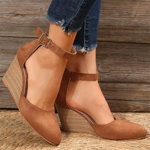 Closed Toe Wedges for Women,Wedges Heels for Women Closed Toe,Ankle Strap Heeled Espadrilles Sandals Comfortable,Ladies Comfortable Cork Summer Dress Shoes for Beach Wedding4