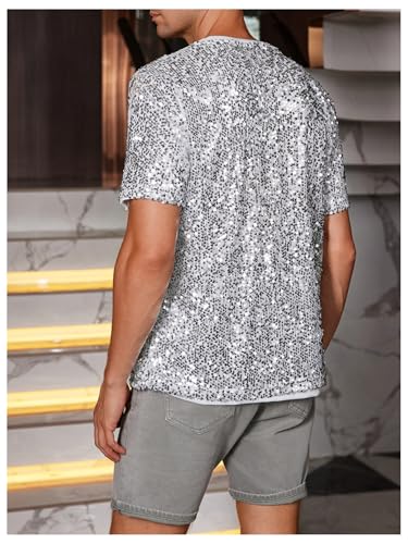 OYOANGLE Men's Sparkly Sequin Shirt Crew Neck Short Sleeve Shiny Tee Tops Nightclub Glitter T- Shirts2