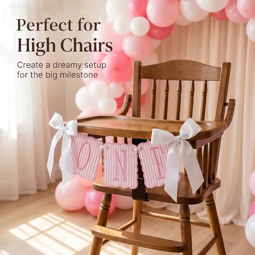 Image of Pink and White Striped ONE High Chair Banner Vertical Stripe Embroidered 1st Birthday Highchair Banner First Birthday Decorations for Girl (Pink Stripes)