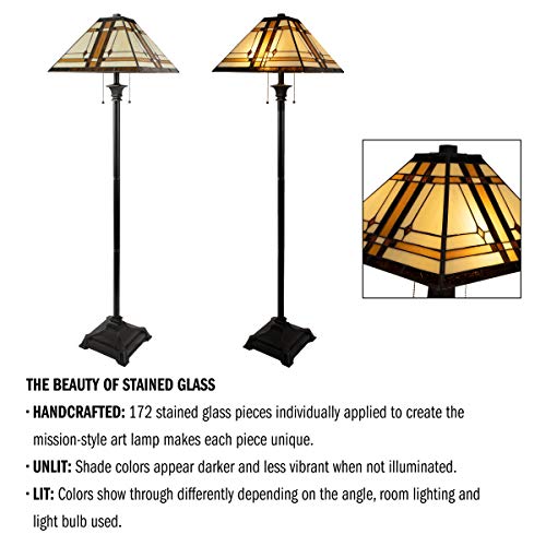 Lavish Home Tiffany Style Floor Lamp – Mission Design Standing Light with Art Glass Lampshade and 2 LED Bulbs – Vintage Look Accent Decor - Image 3