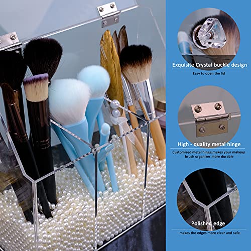 Makeup Brush Holders With Cover, Dust-Proof Lid, Acrylic Makeup Storage Box With Pearls Beads, Large Capacity Brush Organizer for Dressing Table