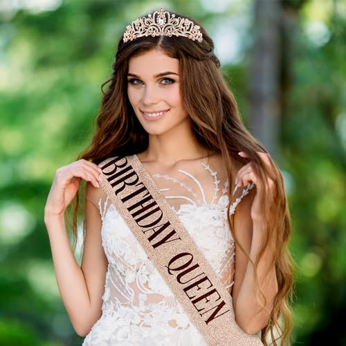 Image of Fesciory Birthday Crown for Women, Gold Plated Crystal Tiara with Sash