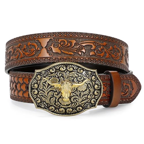 WERFORU Ceinture Cowboy en Cuir pour Hommes - Ceinture Western Homme Avec Boucle Taureau et Gravure Florale pour Jeans