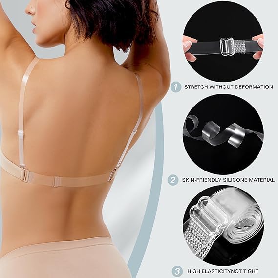 CURATED CART Clear Bra Straps, 2cm Wide Adjustable Transparent Shoulder Straps, Skin-Friendly Silicone with Silver-Plated Hooks - Image 3 thumbnail