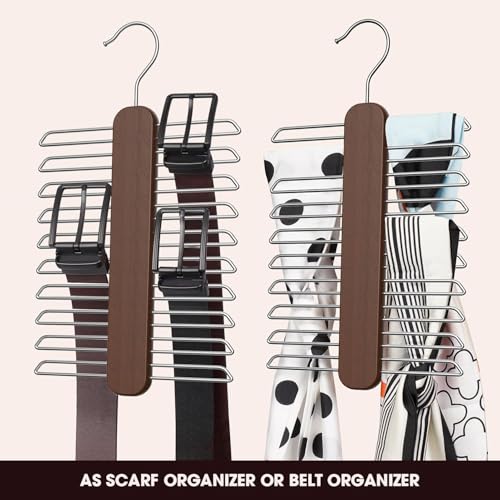 Image of ROLLYWARE Wood Tie Hanger, Rust Resistant Wooden Necktie Organizer with 20 Swivel Hooks, 360 Degree Rotation, Space Saving, Ideal for Closet Storage (1, Natural Wood)