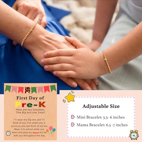 Image of 2Pcs First Day of Kindergarten Preschool Bracelets for Mommy and Me, Matching Heart Beaded Bracelets for Mother Daughter