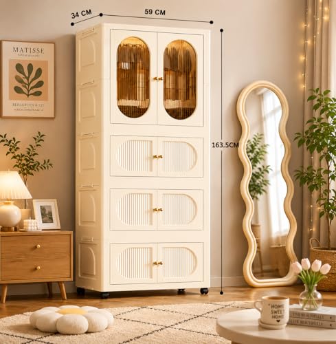 Image of EXVITO Modular Plastic Wardrobe for Bedroom | 1 Tier+3 Bins Foldable Cupboard with Hanging Rod | Stackable Storage Almirah for Clothes with Wheels | Multi-Layer Plastic Storage Cabinet- (Off-White)