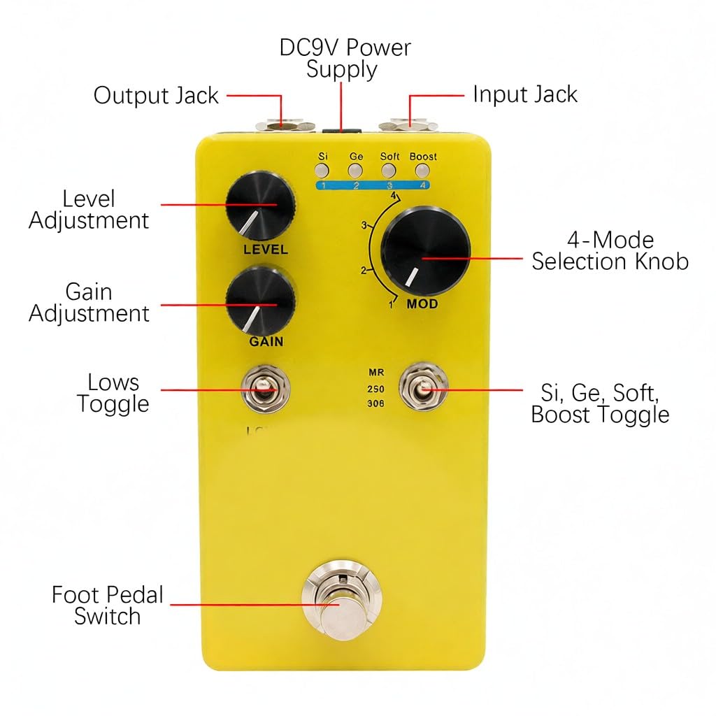 Pedale di effetto per chitarra Distortion Overdrive Preamp con selettore a 4 modalità controllo del volume e altri controlli processore digitale effetti compatto portatile elettrica