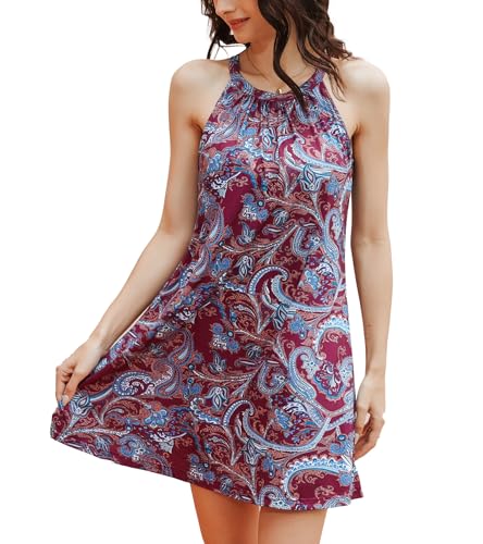 Image of ANYFITTING Summer Dress with Built in Bra Casual Beach Sundress Flowy Halter Mini Short Dresses for Women 2026