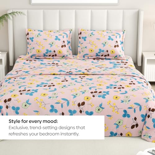 Image of Rivermoor 200 TC Ultrasoft Cotton Bedsheet for Double Bed | Queen Size Bed Sheet with 2 Pillow Covers | Baby Pink Floral Print | 88 x 96 Inches | Breathable & Hypoallergenic