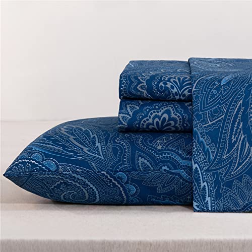 Meishang King Sheet Set Paisley Printed Sheets Ultra Soft 100% Microfiber - 16 Inch Deep Pocket Comfortable Blue Pattern Printed Sheet Set - 4 Pieces Navy Blue King #TOP8