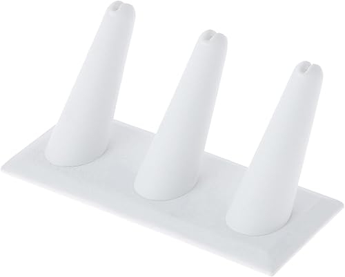 Plymor Pantalla de dedo de anillo de piel sintética blanca, tres en base rectangular, 4.875 pulgadas de ancho x 2.25 pulgadas de profundidad x 2