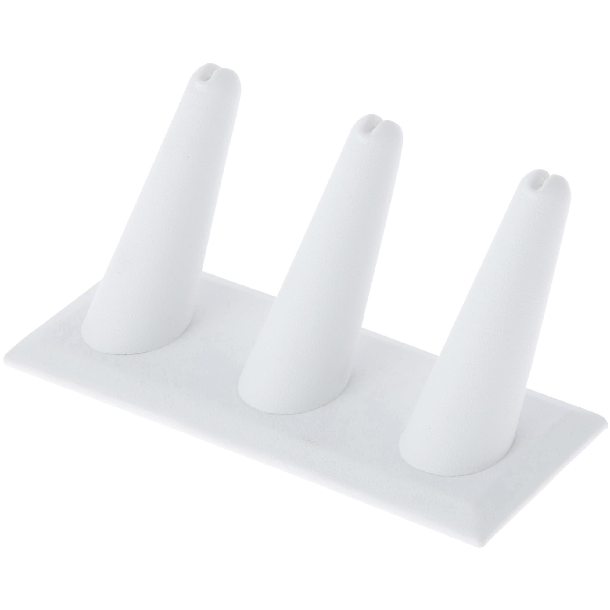 Plymor White Faux Leather Ring Finger Display, Three on Rectangular Base, 4.875