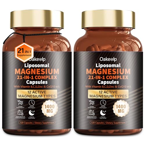 Image of 2 Packs Liposomal 12 Active Types Magnesium Complex 1400mg (Glycinate,Citrate,Malate etc) Capsule - with Vitamin D3, B6, B12, Ashwagandha & CoQ10 for Adult-Support Relaxation,Muscle & Heart