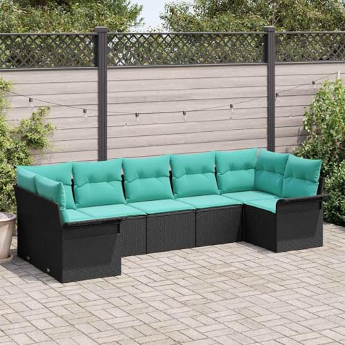 YuuSsea 7-Piece Garden Sofa Set, Black Poly Rattan Outdoor Furniture