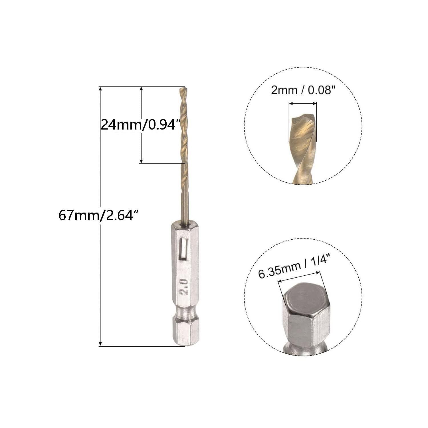 TOP-VIGOR 5Pcs 2mm HSS Hex Shank Twist Drill Bits, High Speed Steel Drill Bit Set 1/4 Inch Shank - Image 2
