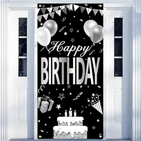 Black White Silver Happy Birthday Door Banner Decorations for Men Women, Black Silver Happy Birthday Door Cover Backdrop Sign Party Supplies, 16th 21st 30th 40th 50th 60th Bday Poster Background Decor Cover