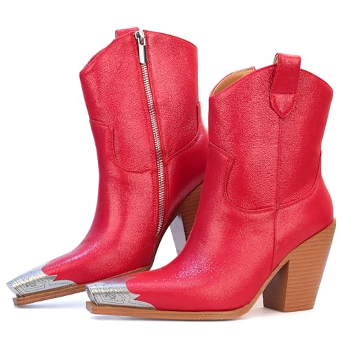 Image of Cowboy Ankle Boots for Women Engraved Steel Toe Cowgirl Boots Stacked Block Heels Short Cowboy Boot Fashion Dressy Western Country Booties