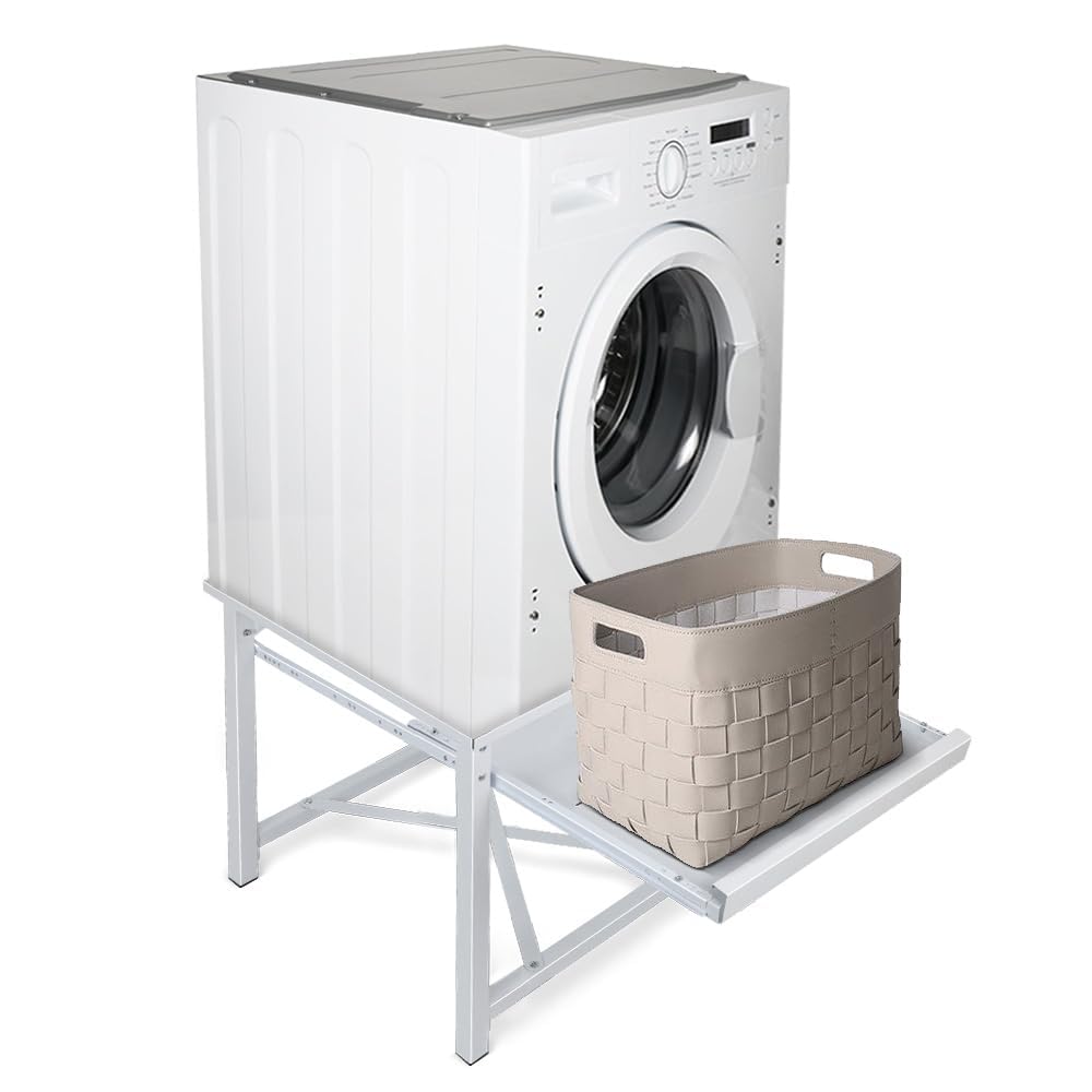 Untergestell Für Waschmaschine & Trockner – Stahl-Rahmen Mit 2 Ausziehablagen | 124 X 61,5 X 37,5 Cm, Max. 200 Kg, Höhenverstellbar