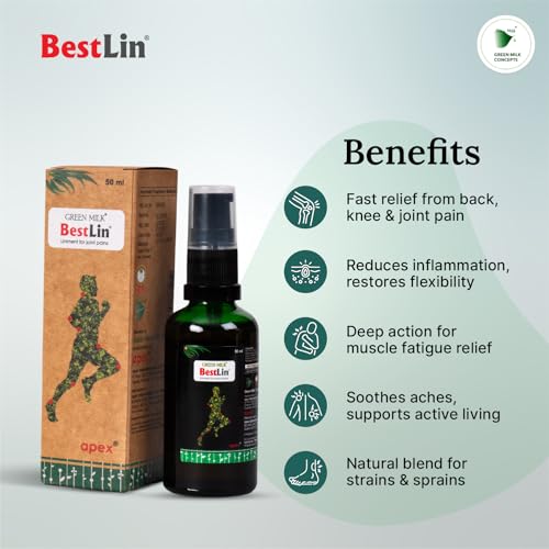 Image of Green Milk Bestlin Liniment | Ayurvedic Pain Relief Oils | Joint & Knee Pain Oil for Back, Shoulder & Muscle Stiffness | Lightweight Non-Greasy Body Pain Oil | Herbal Liniment for Everyday Comfort | 50ml (Pack of 2)