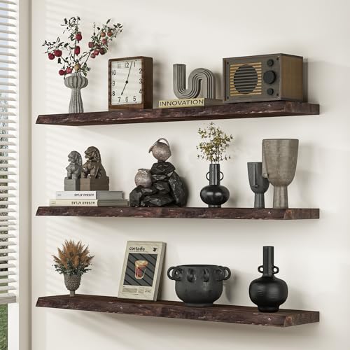Image of Floating Shelves for Wall, 48 inchx9.3 inch Rustic Solid Live-Edge Elm Wood Wall Shelves, Heavy-Duty Floating Shelves with Invisible Brackets, Set of 1 for Living Room, Bedroom, and Kitchen, Walnut Finish