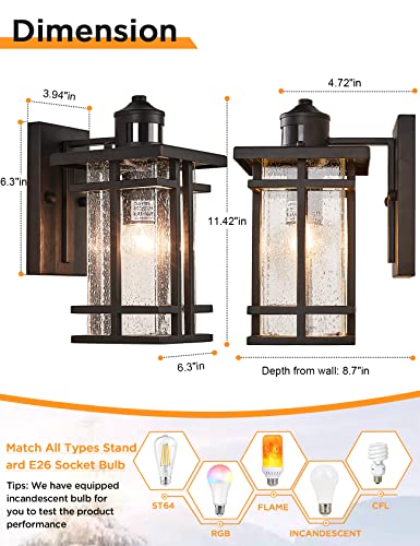 Vocldfa Motion Sensor Outdoor Wall Light Dusk To Dawn Outside Wall Sconce With Seeded Glass Exterior Light Fixtures Wall Mount 3 Modes Motion Activated Outdoor Porch Wall Lantern Ip65 Waterproof Black #TOP6